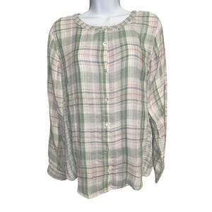 Lucky Brand Medium Top BOHO Green Dual Plaid Lightweight Woven Cotton Button Up